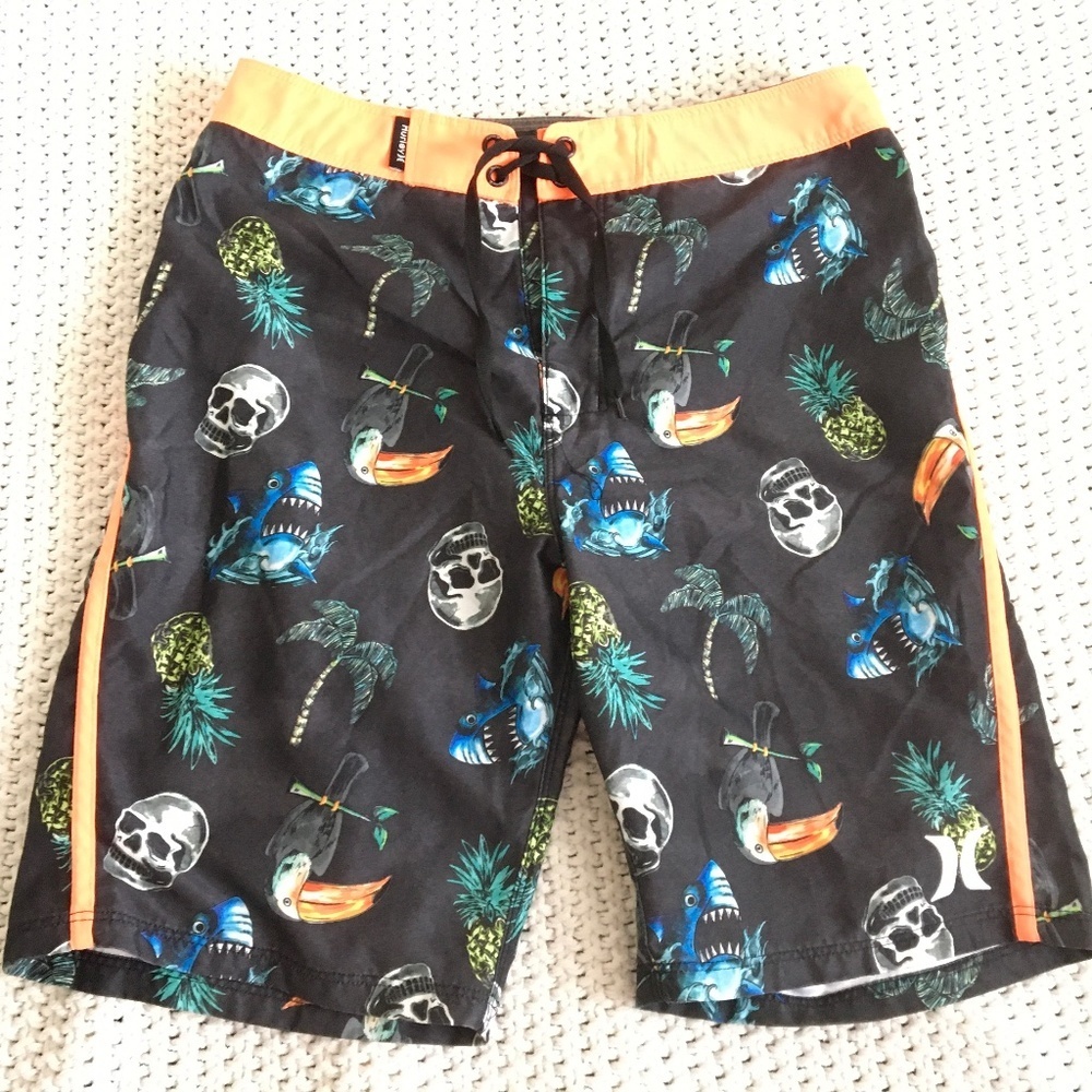 HURLEY BOARD SHORTS WITH FISHM, SKULLS AND PINEAPPLES,  BOYS SIZE 14/27